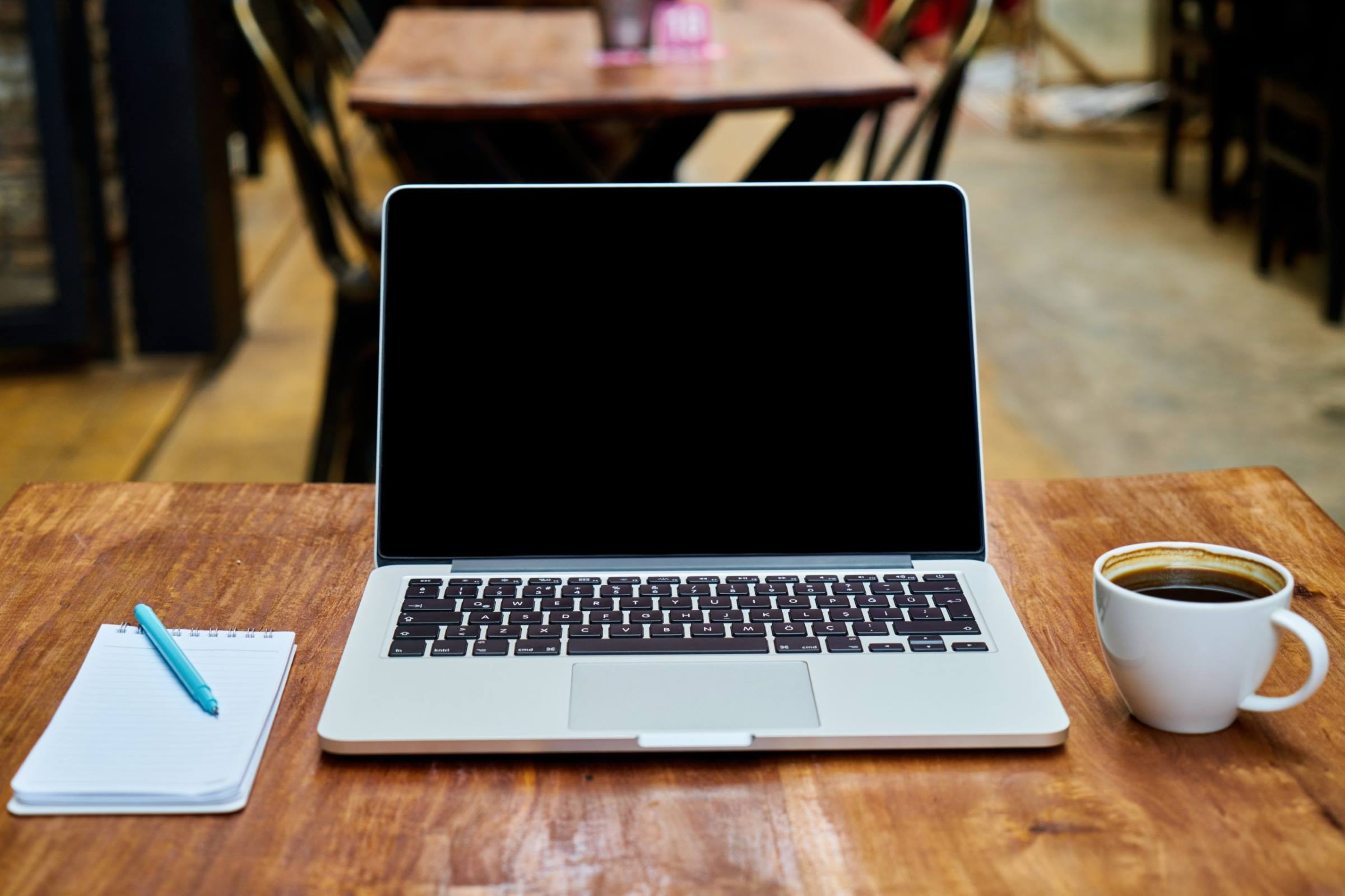 laptop notepad pen cafe coffee