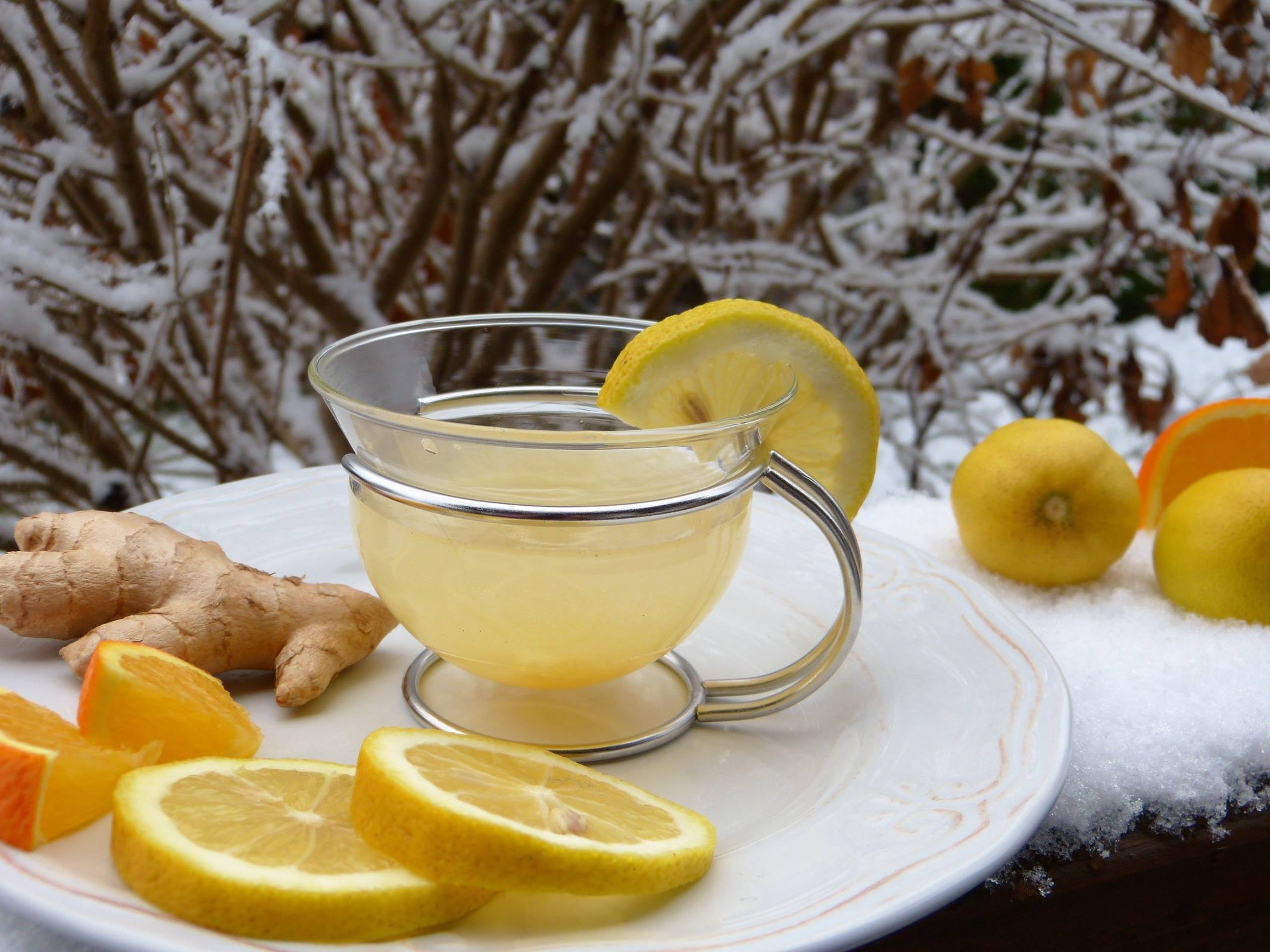 winter lemon tea tray ginger oranges snow