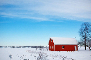 winter snow barn landscape fields trees