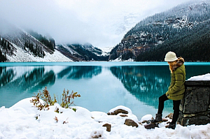 winter snow woman lake mountains